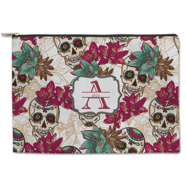 Custom Sugar Skulls & Flowers Zipper Pouch - Large - 12.5"x8.5" (Personalized)