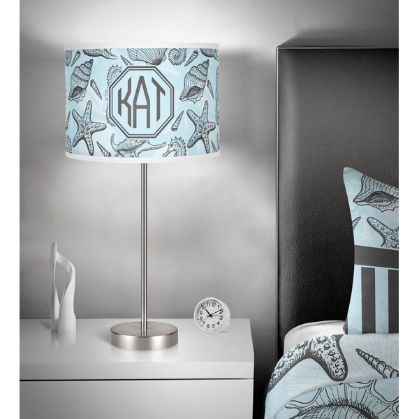 Sea-blue Seashells 13 inch drum lamp shade - in room