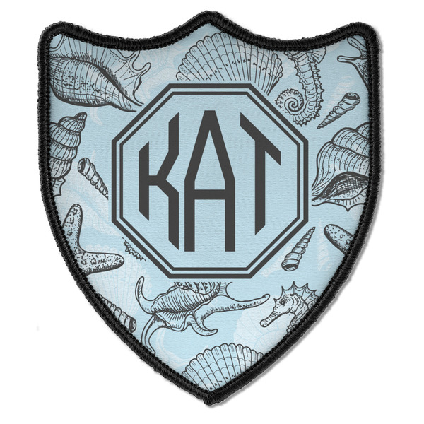 Custom Sea-blue Seashells Iron On Shield Patch B w/ Monogram