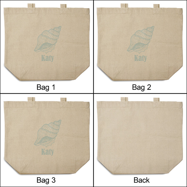 Sea-blue Seashells 3 Reusable Cotton Grocery Bags - Front & Back View