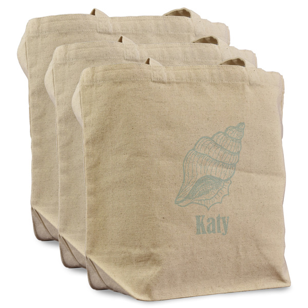 Custom Sea-blue Seashells Reusable Cotton Grocery Bags - Set of 3 (Personalized)