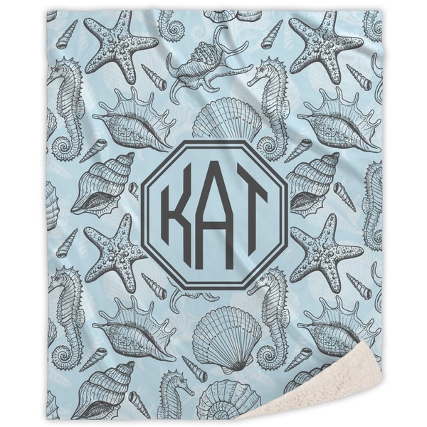 Custom Sea-blue Seashells Sherpa Throw Blanket - 50"x60" (Personalized)