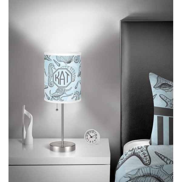 Sea-blue Seashells 7 inch drum lamp shade - in room