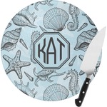 Sea-blue Seashells Round Glass Cutting Board - Small (Personalized)
