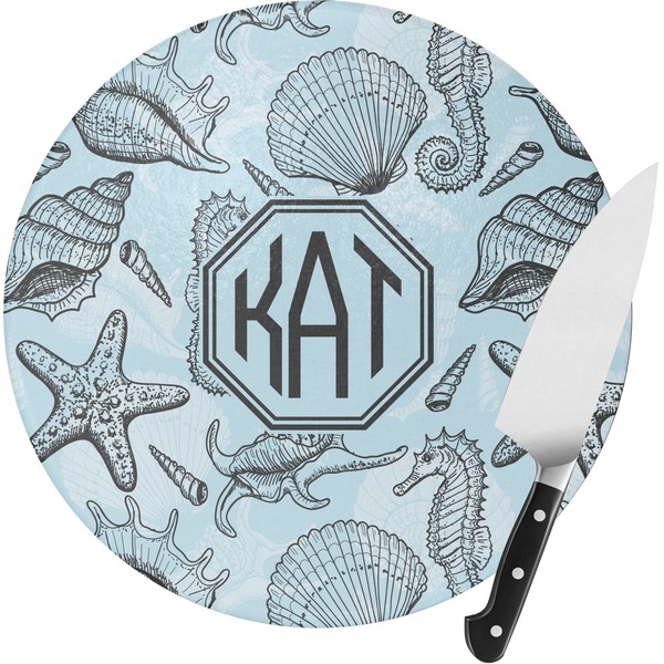 Custom Sea-blue Seashells Round Glass Cutting Board - Small (Personalized)