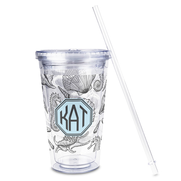 Sea-blue Seashells Acrylic Tumbler - Full Print - Front straw out