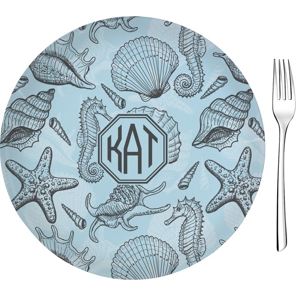 Custom Sea-blue Seashells Glass Appetizer / Dessert Plate 8" (Personalized)