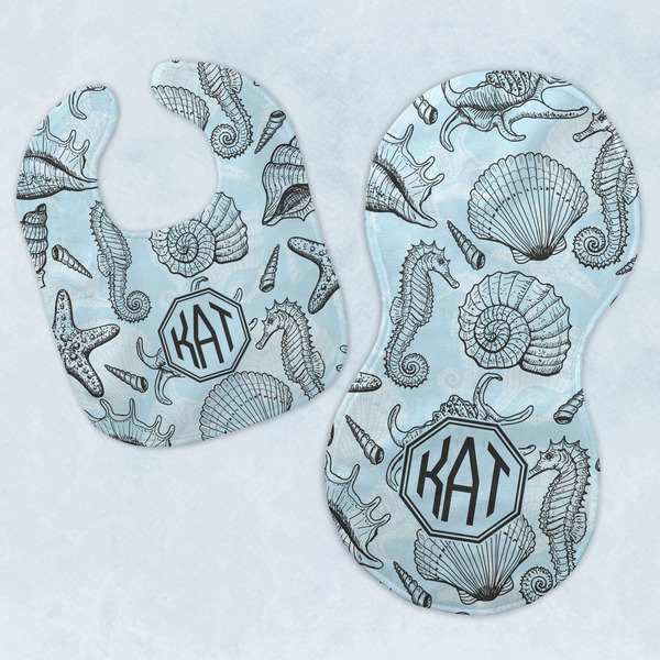 Custom Sea-blue Seashells Baby Bib & Burp Set w/ Monogram