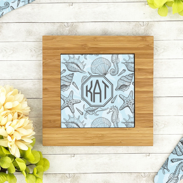 Sea-blue Seashells Bamboo Trivet with 6" Tile - LIFESTYLE