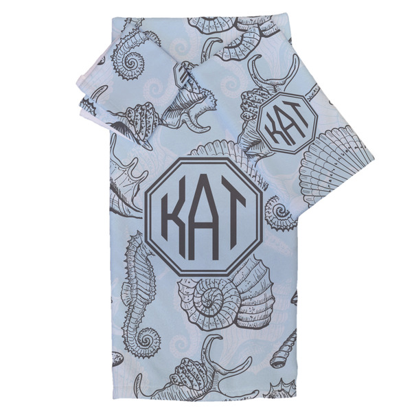 Custom Sea-blue Seashells Bath Towel Set - 3 Pcs (Personalized)