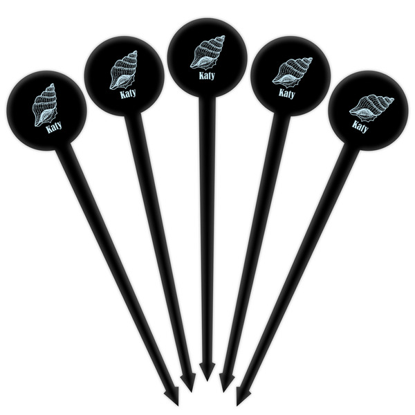 Sea-blue Seashells Black Plastic 4" Food Pick - Round - Fan View