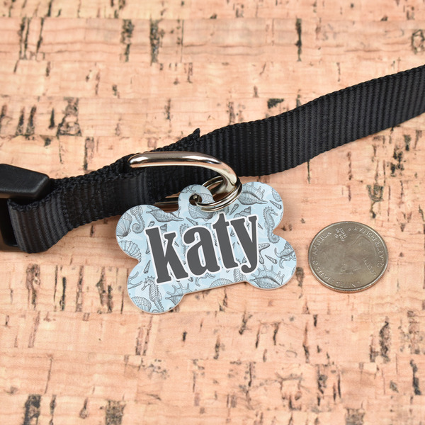 Sea-blue Seashells Bone Shaped Dog ID Tag - Large - In Context