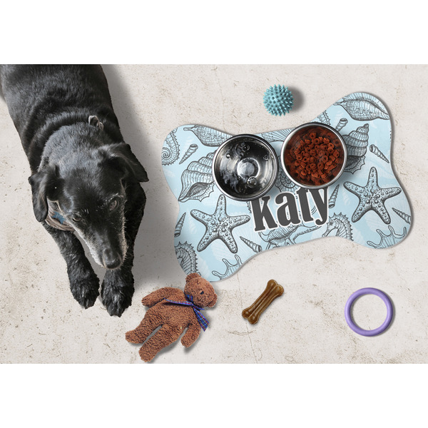 Sea-blue Seashells Bone Shaped Mat w/ Food & Water