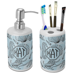 Sea-blue Seashells Ceramic Bathroom Accessories Set (Personalized)