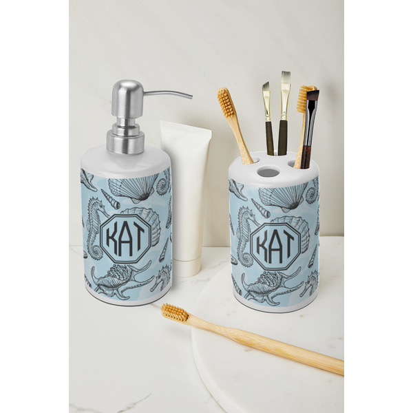 Sea-blue Seashells Ceramic Bathroom Accessories - LIFESTYLE (toothbrush holder & soap dispenser)