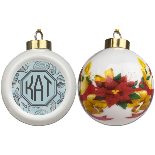 Sea-blue Seashells Ceramic Christmas Ornament - Poinsettias (APPROVAL)