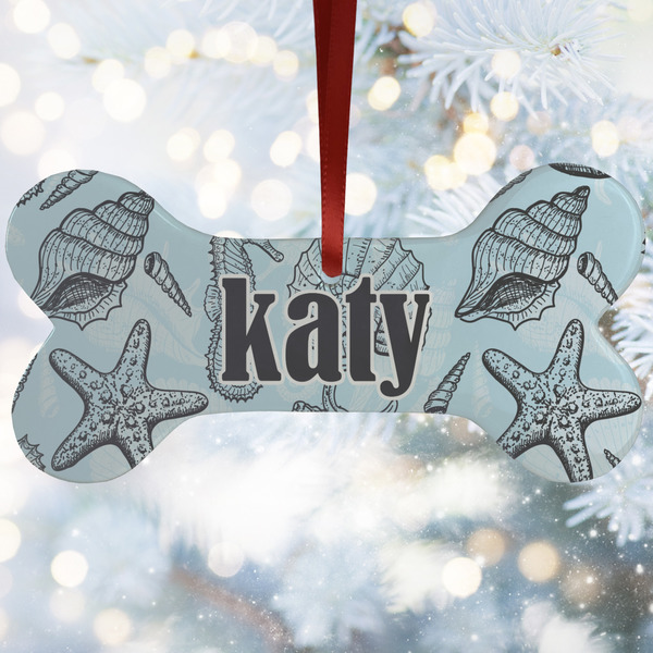 Custom Sea-blue Seashells Ceramic Dog Ornament w/ Monograms