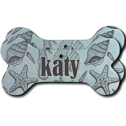 Sea-blue Seashells Ceramic Dog Ornament - Front & Back w/ Monogram
