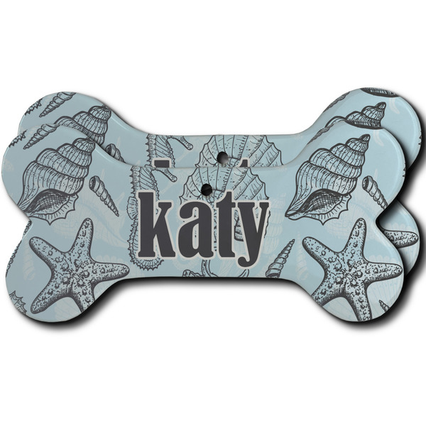 Custom Sea-blue Seashells Ceramic Dog Ornament - Front & Back w/ Monogram