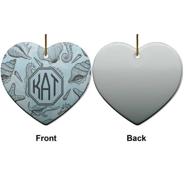 Sea-blue Seashells Ceramic Flat Ornament - Heart Front & Back (APPROVAL)