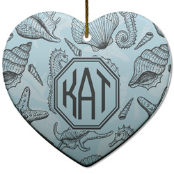 Sea-blue Seashells Heart Ceramic Ornament w/ Monogram