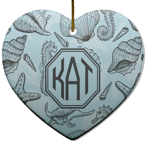 Custom Sea-blue Seashells Heart Ceramic Ornament w/ Monogram