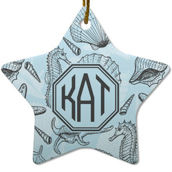 Sea-blue Seashells Star Ceramic Ornament w/ Monogram
