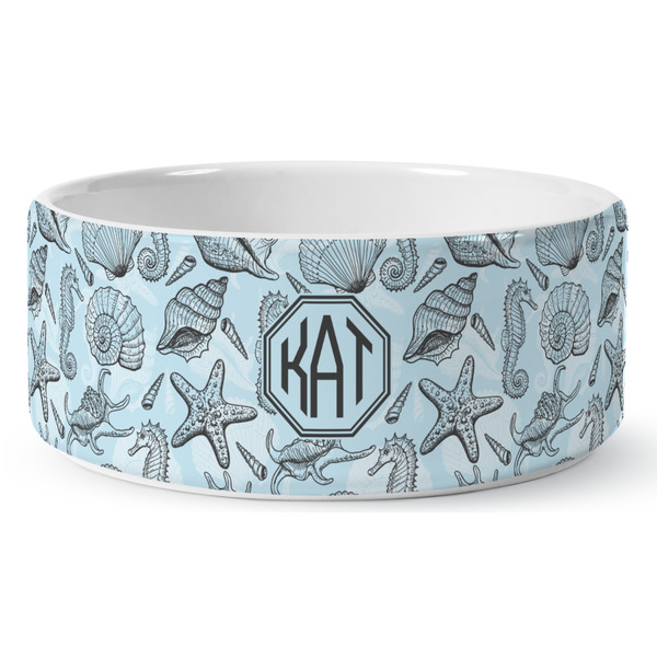 Custom Sea-blue Seashells Ceramic Dog Bowl - Large (Personalized)