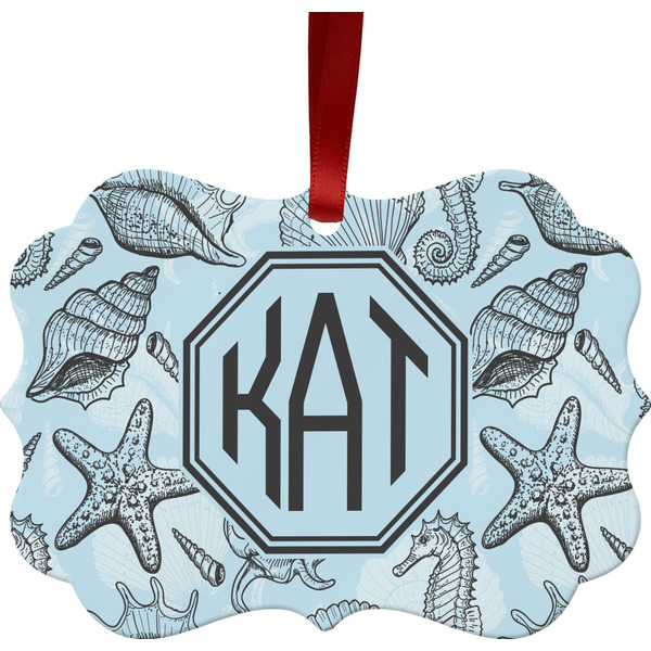 Custom Sea-blue Seashells Metal Frame Ornament - Double Sided w/ Monogram