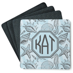 Sea-blue Seashells Square Rubber Backed Coasters - Set of 4 (Personalized)
