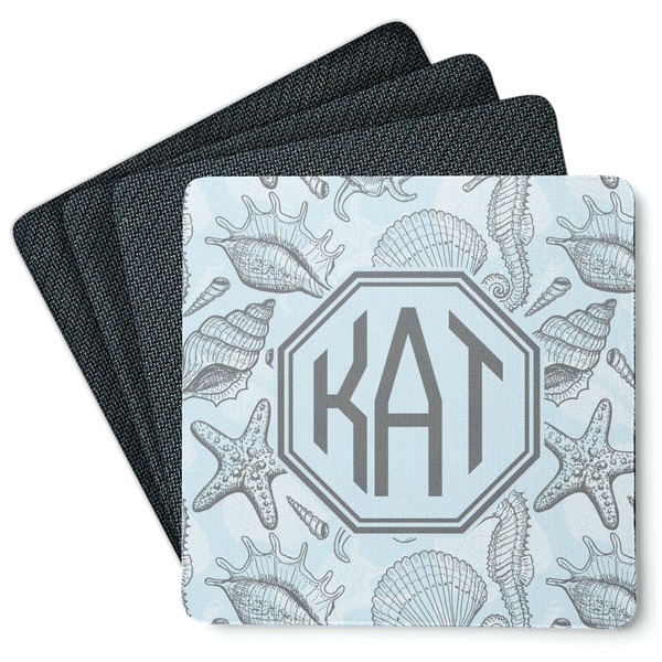 Custom Sea-blue Seashells Square Rubber Backed Coasters - Set of 4 (Personalized)