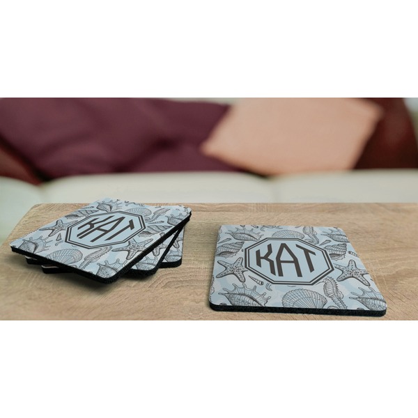 Sea-blue Seashells Coaster Rubber Back - On Coffee Table