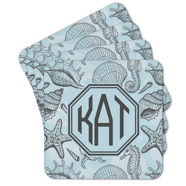 Custom Sea-blue Seashells Cork Coaster - Set of 4 w/ Monogram