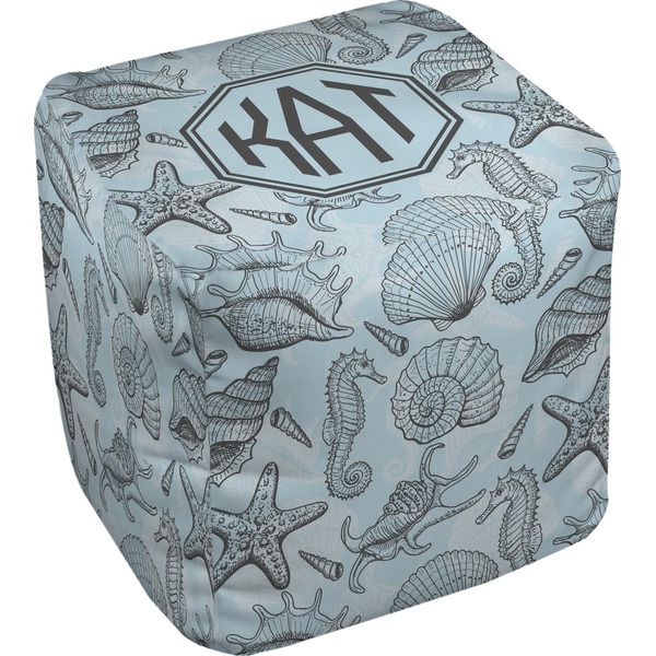 Custom Sea-blue Seashells Cube Pouf Ottoman (Personalized)