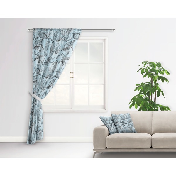 Sea-blue Seashells Curtain With Window and Rod - in Room Matching Pillow