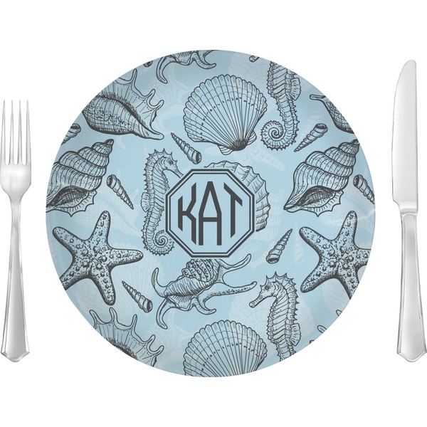 Custom Sea-blue Seashells Glass Lunch / Dinner Plate 10" (Personalized)