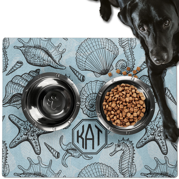 Custom Sea-blue Seashells Dog Food Mat - Large w/ Monogram