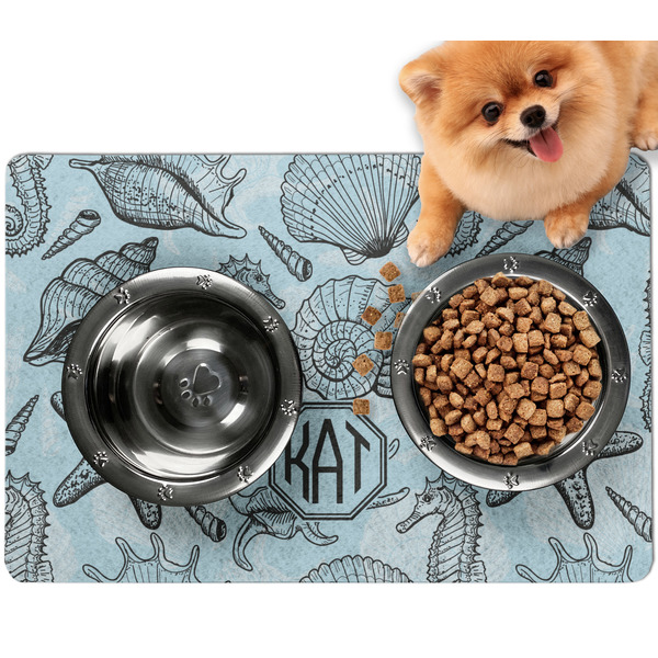Custom Sea-blue Seashells Dog Food Mat - Small w/ Monogram