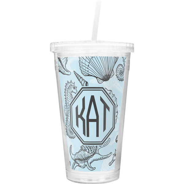 Custom Sea-blue Seashells Double Wall Tumbler with Straw (Personalized)