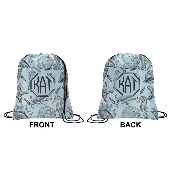 Sea-blue Seashells Drawstring Backpack Front & Back Medium