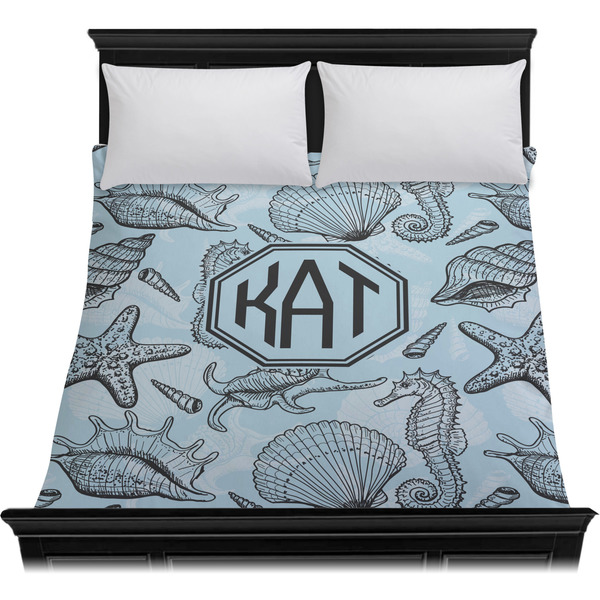 Sea-blue Seashells Duvet Cover - Queen - On Bed - No Prop