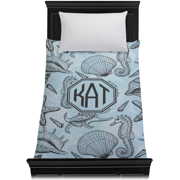 Sea-blue Seashells Duvet Cover - Twin - On Bed - No Prop