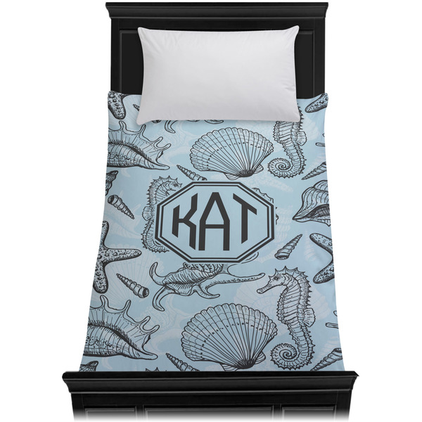 Sea-blue Seashells Duvet Cover - Twin XL - On Bed - No Prop