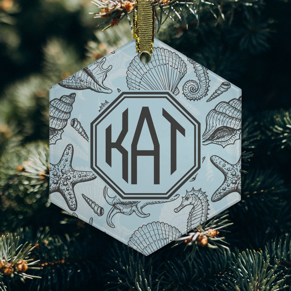 Sea-blue Seashells Frosted Glass Ornament - Hexagon (Lifestyle)