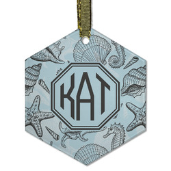 Sea-blue Seashells Flat Glass Ornament - Hexagon w/ Monogram