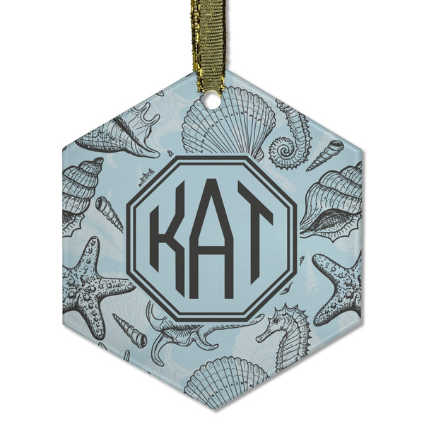Custom Sea-blue Seashells Flat Glass Ornament - Hexagon w/ Monogram