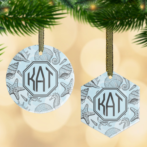 Custom Sea-blue Seashells Flat Glass Ornament w/ Monogram