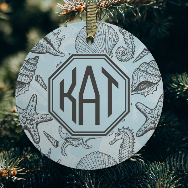 Sea-blue Seashells Frosted Glass Ornament - Round (Lifestyle)