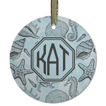 Sea-blue Seashells Flat Glass Ornament - Round w/ Monogram