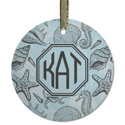 Sea-blue Seashells Flat Glass Ornament - Round w/ Monogram